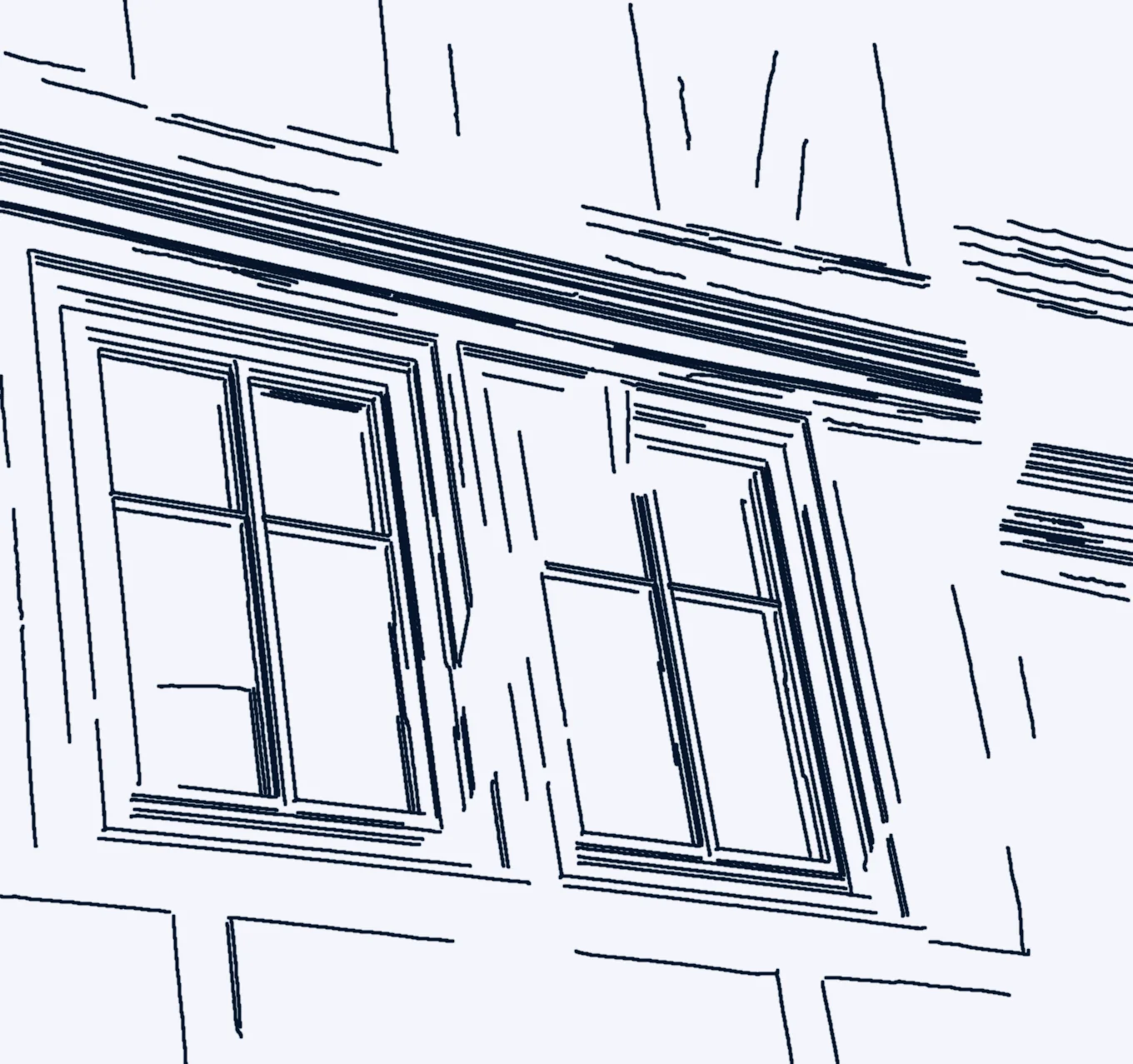 Bauplan-Zeichnung zweier Sprossenfenster in einer Fachwerkfassade, aus dem Foto abgeleitet