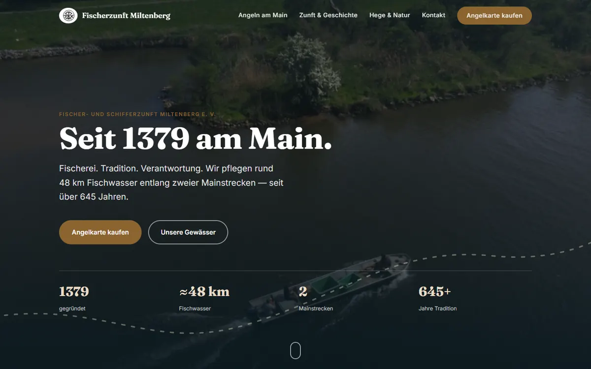 Startseite der Fischer- und Schifferzunft Miltenberg mit Luftbild vom Main